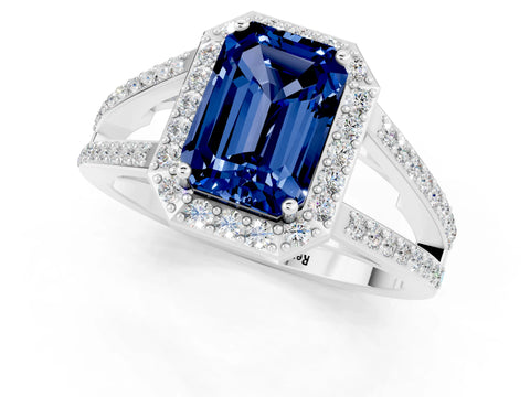 White gold Emerald Cut Blue Sapphire Halo Ring with Split Shank U-Prong Band and Four-Prong Setting_1