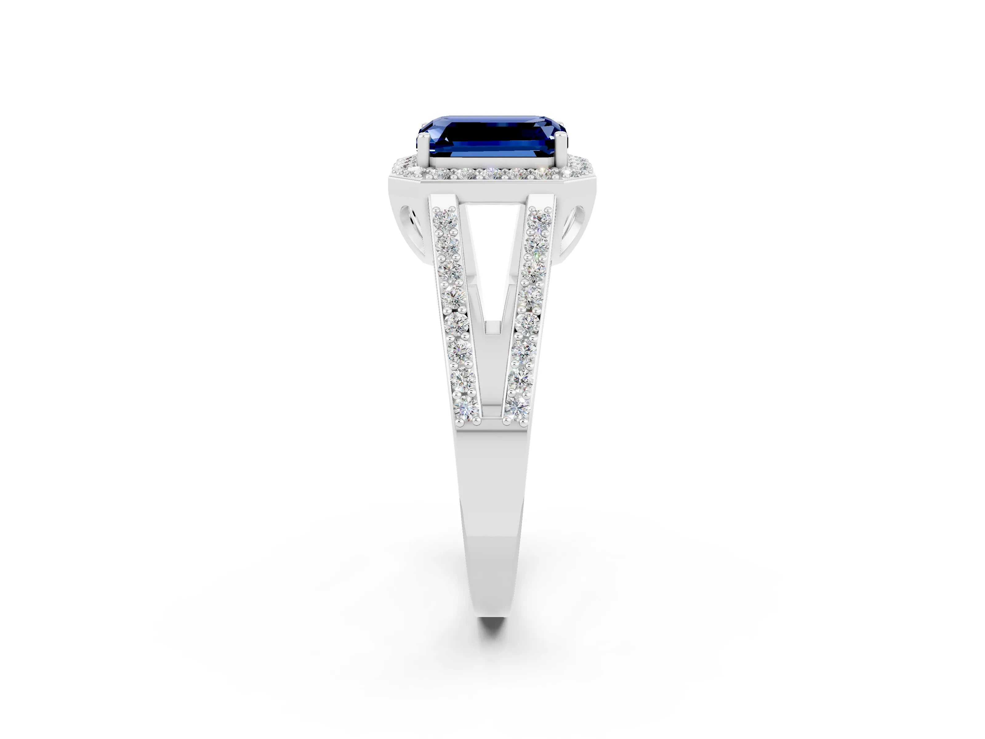 White gold Emerald Cut Blue Sapphire Halo Ring with Split Shank U-Prong Band and Four-Prong Setting_2
