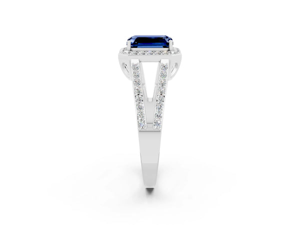 White gold Emerald Cut Blue Sapphire Halo Ring with Split Shank U-Prong Band and Four-Prong Setting