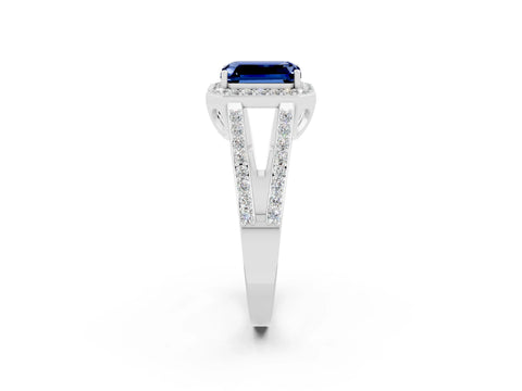 White gold Emerald Cut Blue Sapphire Halo Ring with Split Shank U-Prong Band and Four-Prong Setting_2