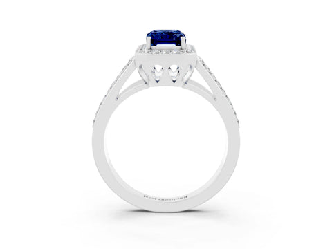 White gold Emerald Cut Blue Sapphire Halo Ring with Split Shank U-Prong Band and Four-Prong Setting_3