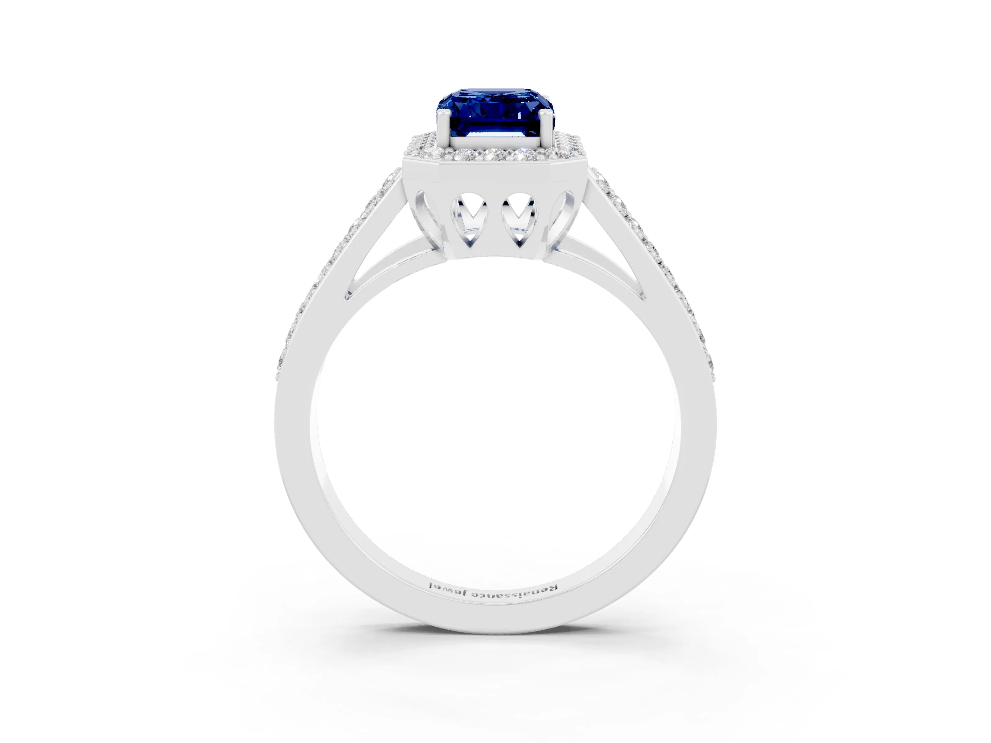 White gold Emerald Cut Blue Sapphire Halo Ring with Split Shank U-Prong Band and Four-Prong Setting_3