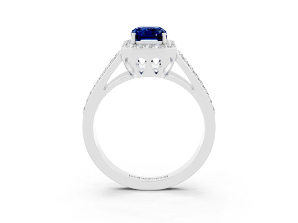 Silver Emerald Cut Blue Sapphire Halo Ring with Split Shank U-Prong Band and Four-Prong Setting