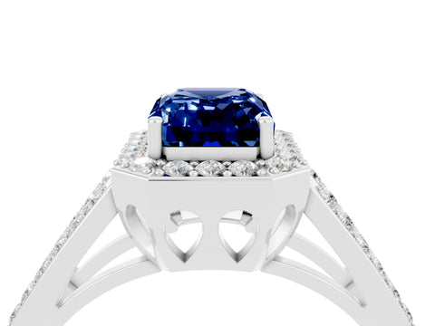 White gold Emerald Cut Blue Sapphire Halo Ring with Split Shank U-Prong Band and Four-Prong Setting_4