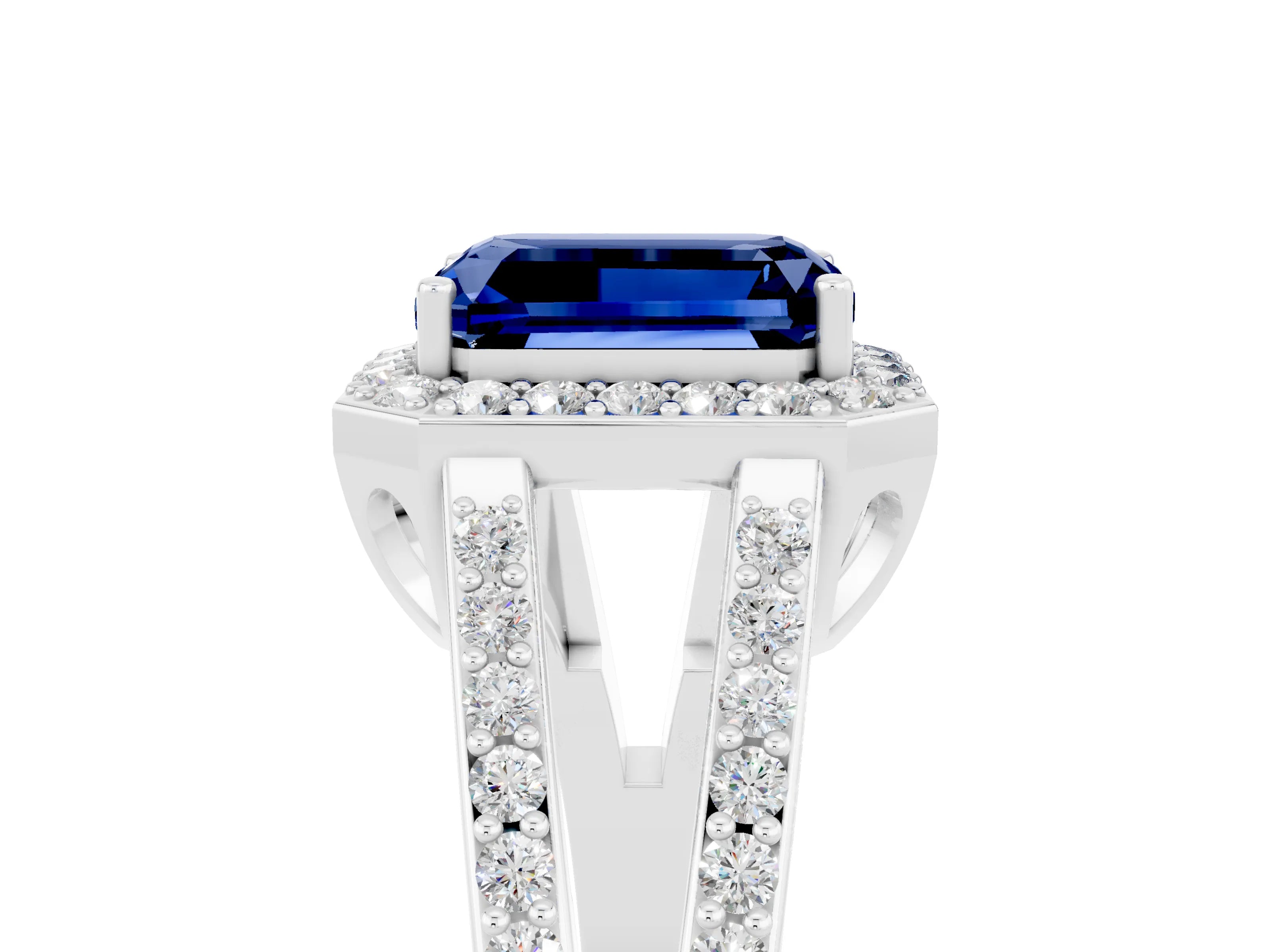 White gold Emerald Cut Blue Sapphire Halo Ring with Split Shank U-Prong Band and Four-Prong Setting_5