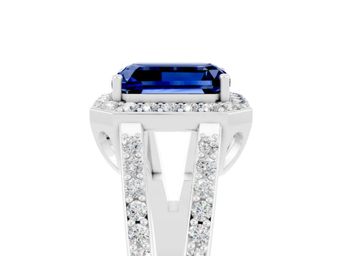 White gold Emerald Cut Blue Sapphire Halo Ring with Split Shank U-Prong Band and Four-Prong Setting_5