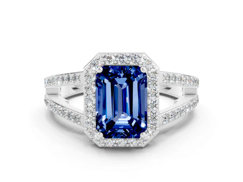 White gold Emerald Cut Blue Sapphire Halo Ring with Split Shank U-Prong Band and Four-Prong Setting