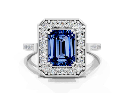 White gold Emerald Cut Blue Sapphire Halo Ring with Split Shank and Four-Prong Setting_12