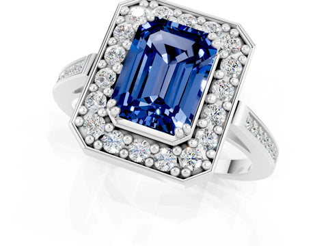 White gold Emerald Cut Blue Sapphire Halo Ring with Split Shank and Four-Prong Setting_13