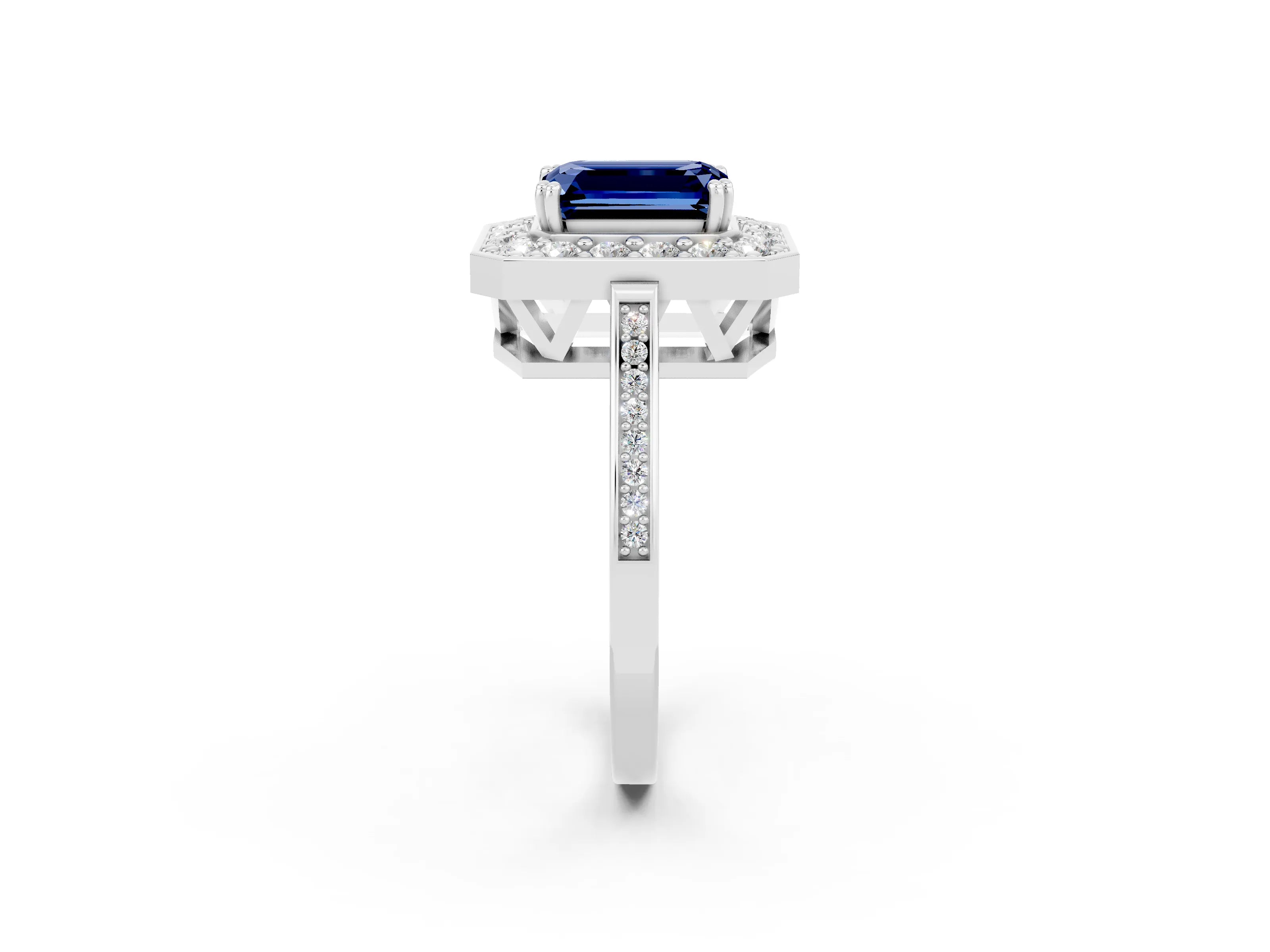 White gold Emerald Cut Blue Sapphire Halo Ring with Split Shank and Four-Prong Setting_14