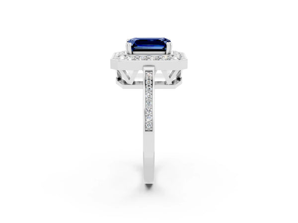 Silver Emerald Cut Blue Sapphire Halo Ring with Split Shank and Four-Prong Setting