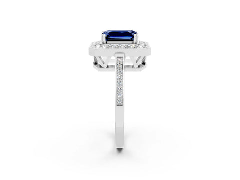 White gold Emerald Cut Blue Sapphire Halo Ring with Split Shank and Four-Prong Setting_2