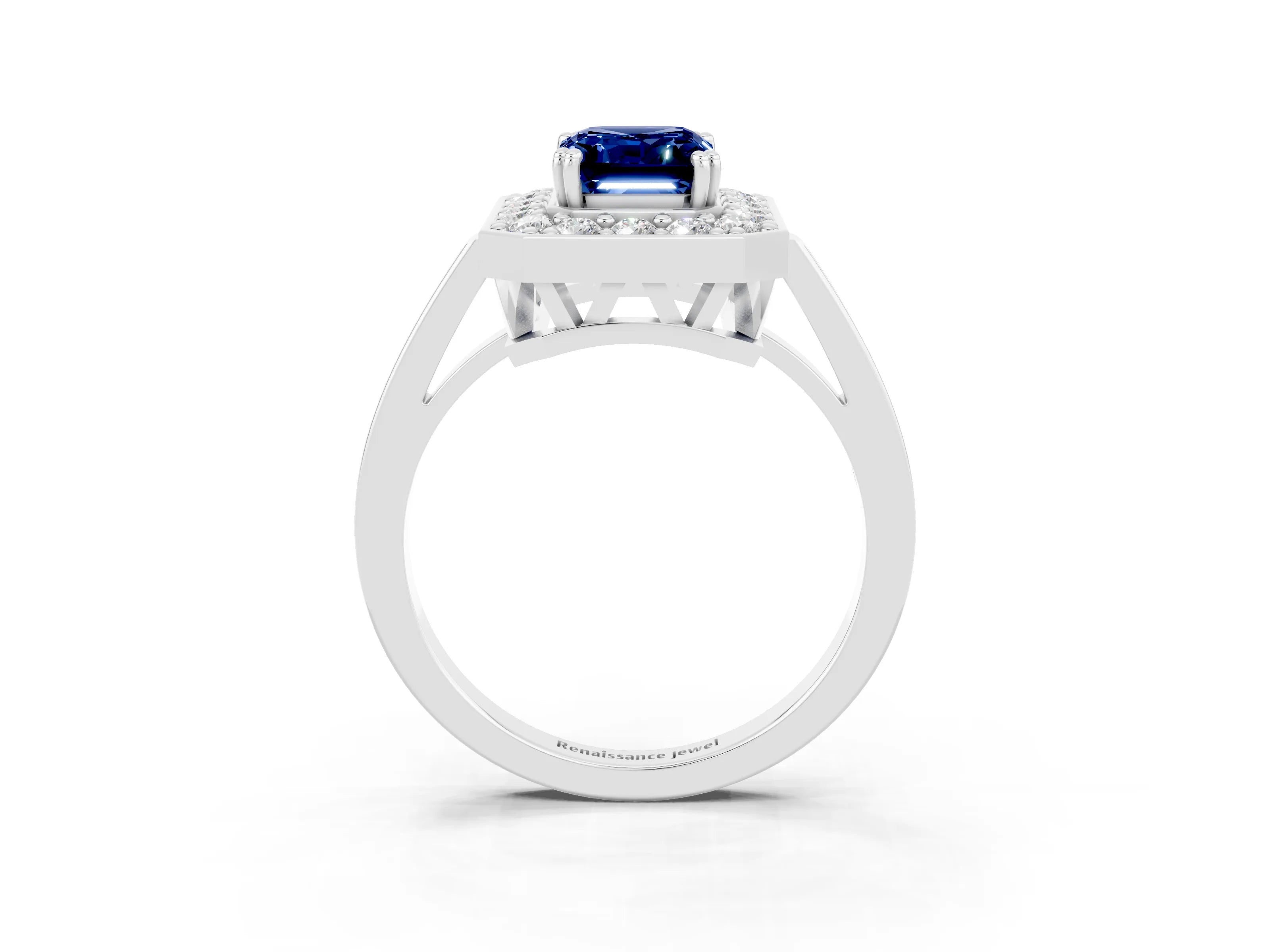 White gold Emerald Cut Blue Sapphire Halo Ring with Split Shank and Four-Prong Setting_3