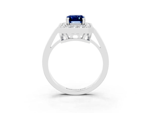Silver Emerald Cut Blue Sapphire Halo Ring with Split Shank and Four-Prong Setting