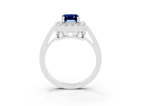 White gold Emerald Cut Blue Sapphire Halo Ring with Split Shank and Four-Prong Setting_3