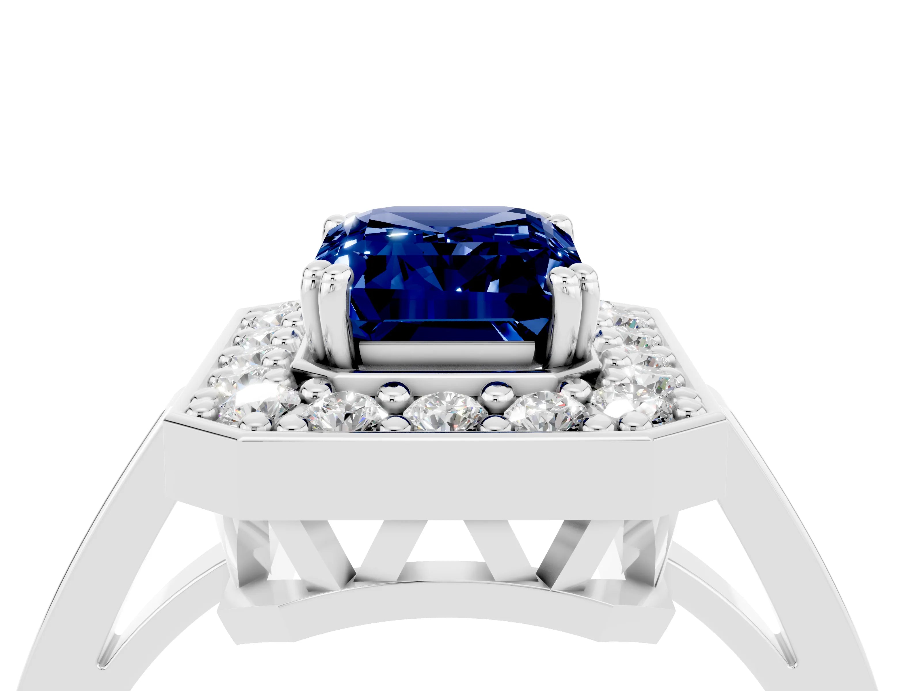 White gold Emerald Cut Blue Sapphire Halo Ring with Split Shank and Four-Prong Setting_4