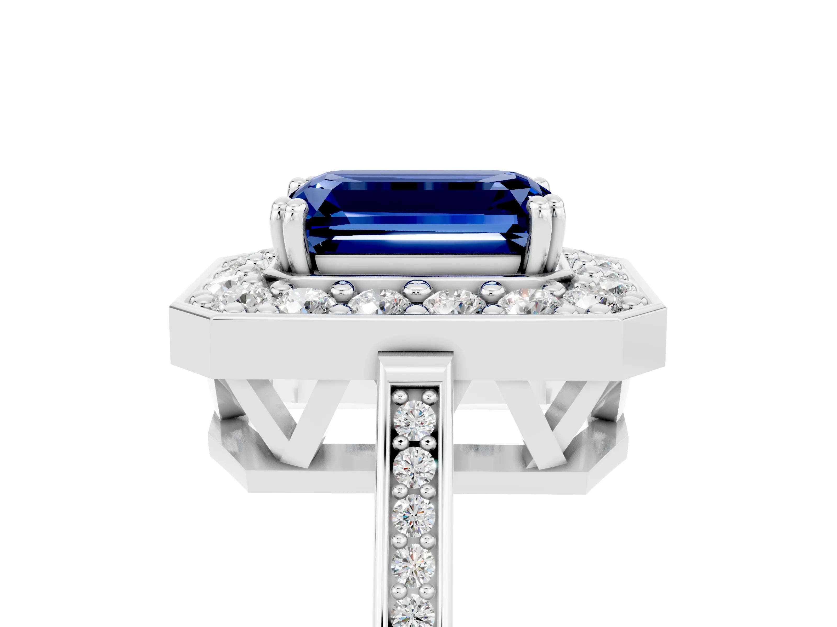 White gold Emerald Cut Blue Sapphire Halo Ring with Split Shank and Four-Prong Setting_5