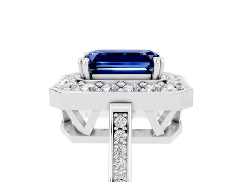 White gold Emerald Cut Blue Sapphire Halo Ring with Split Shank and Four-Prong Setting_5