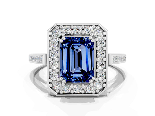 Silver Emerald Cut Blue Sapphire Halo Ring with Split Shank and Four-Prong Setting