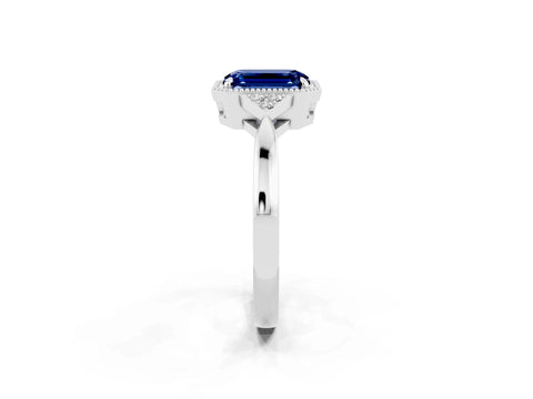 White gold Emerald Cut Blue Sapphire Halo Ring with Tapered Band and Four-Prong Setting_2