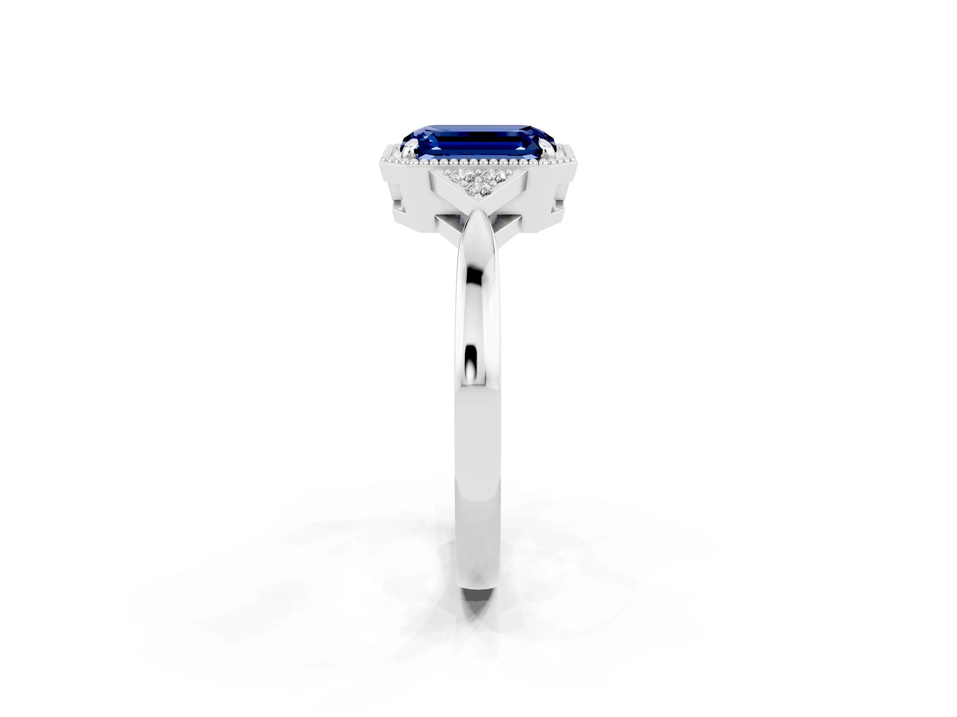 White gold Emerald Cut Blue Sapphire Halo Ring with Tapered Band and Four-Prong Setting_2
