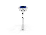 White gold Emerald Cut Blue Sapphire Halo Ring with Tapered Band and Four-Prong Setting_2