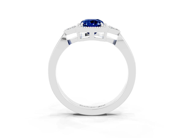 Platinum Emerald Cut Blue Sapphire Halo Ring with Tapered Band and Four-Prong Setting
