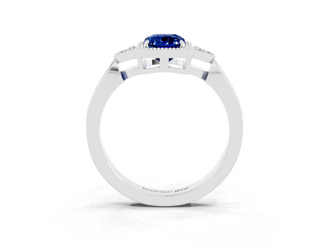 White gold Emerald Cut Blue Sapphire Halo Ring with Tapered Band and Four-Prong Setting_3