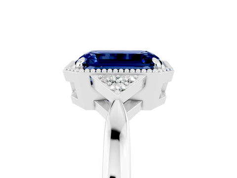 White gold Emerald Cut Blue Sapphire Halo Ring with Tapered Band and Four-Prong Setting_5