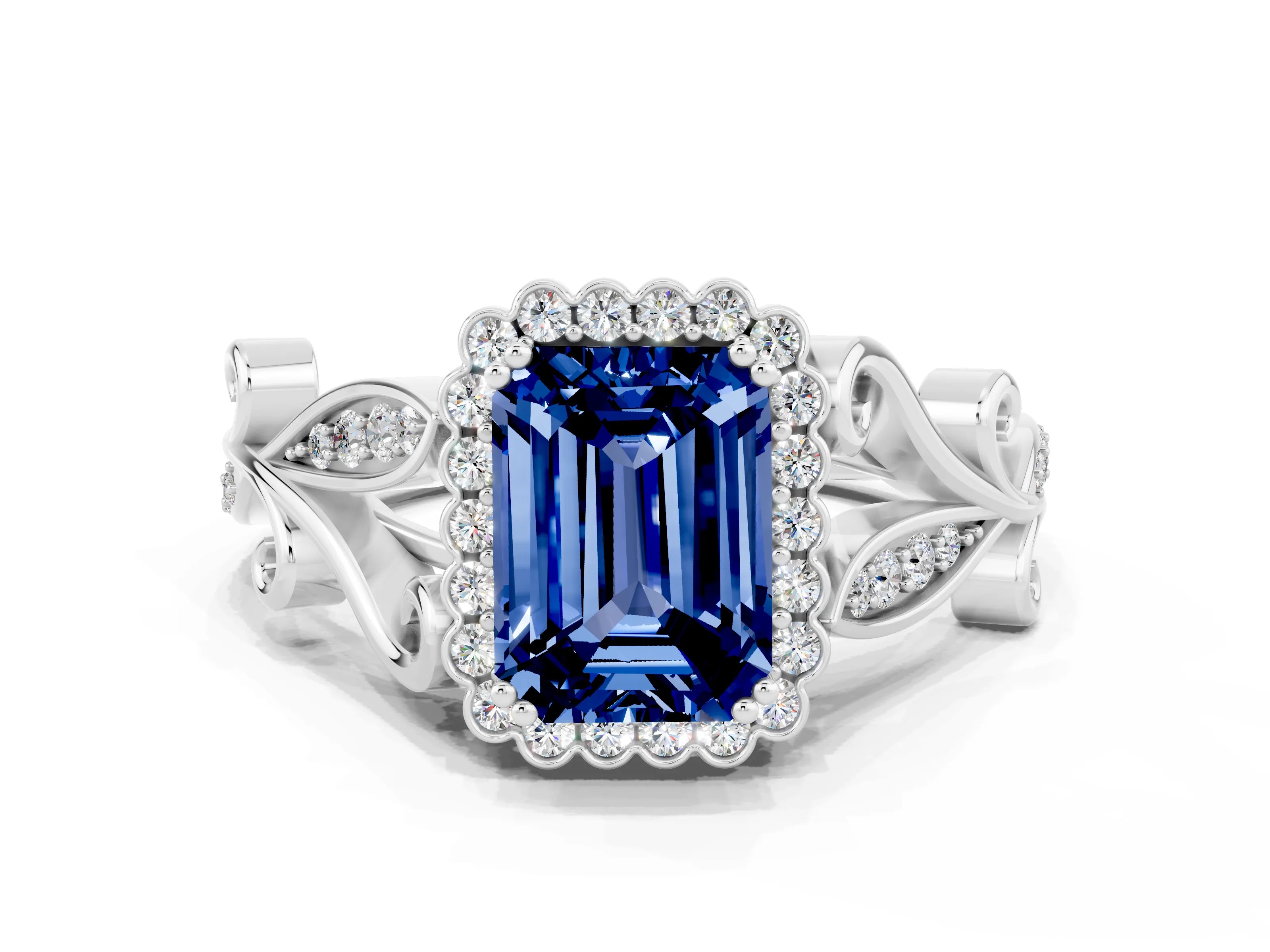 White gold Emerald Cut Blue Sapphire Halo Ring with Vintage Split Shank and Four-Prong Setting_24
