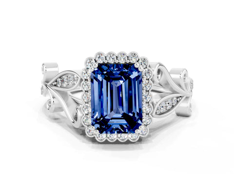 White gold Emerald Cut Blue Sapphire Halo Ring with Vintage Split Shank and Four-Prong Setting_24