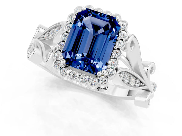 White gold Emerald Cut Blue Sapphire Halo Ring with Vintage Split Shank and Four-Prong Setting