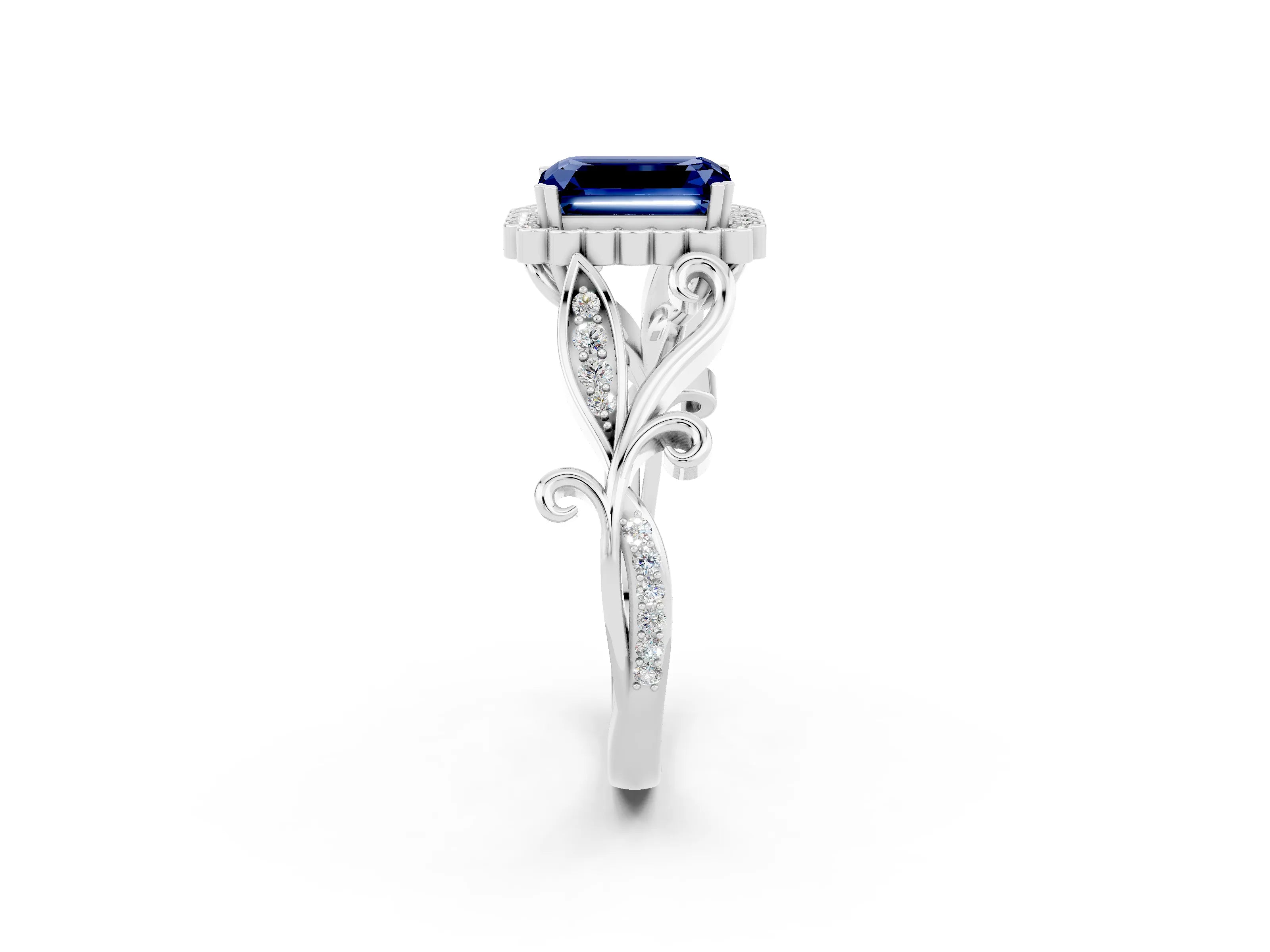 White gold Emerald Cut Blue Sapphire Halo Ring with Vintage Split Shank and Four-Prong Setting_26