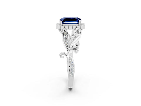 White gold Emerald Cut Blue Sapphire Halo Ring with Vintage Split Shank and Four-Prong Setting_26