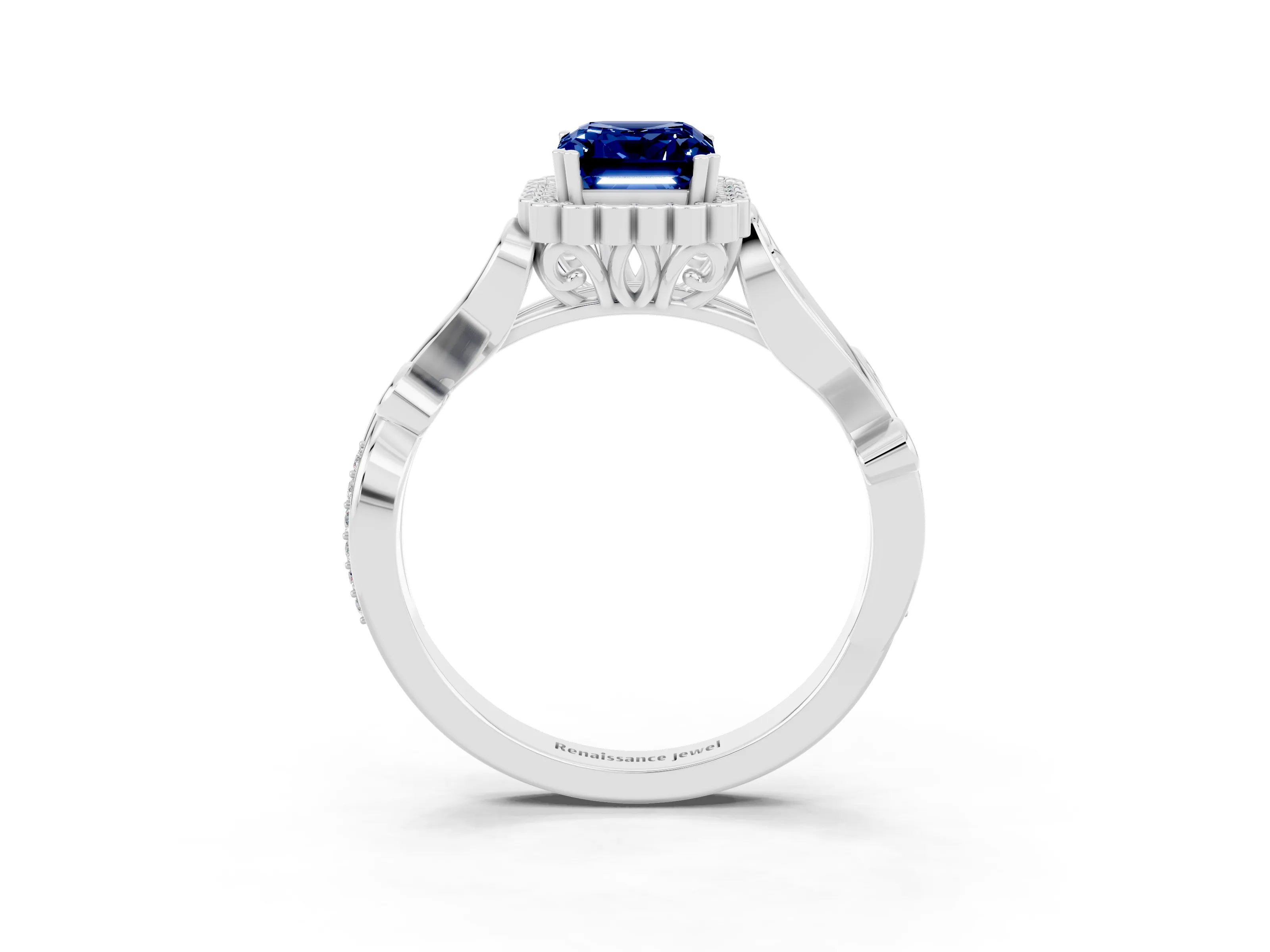 White gold Emerald Cut Blue Sapphire Halo Ring with Vintage Split Shank and Four-Prong Setting_27