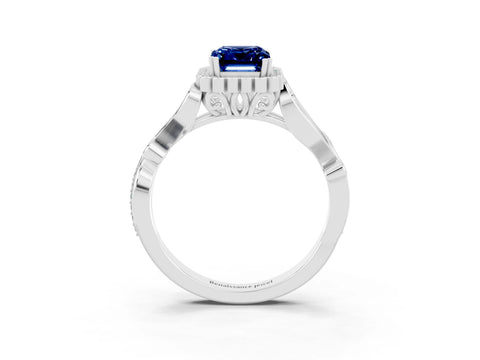 White gold Emerald Cut Blue Sapphire Halo Ring with Vintage Split Shank and Four-Prong Setting_27