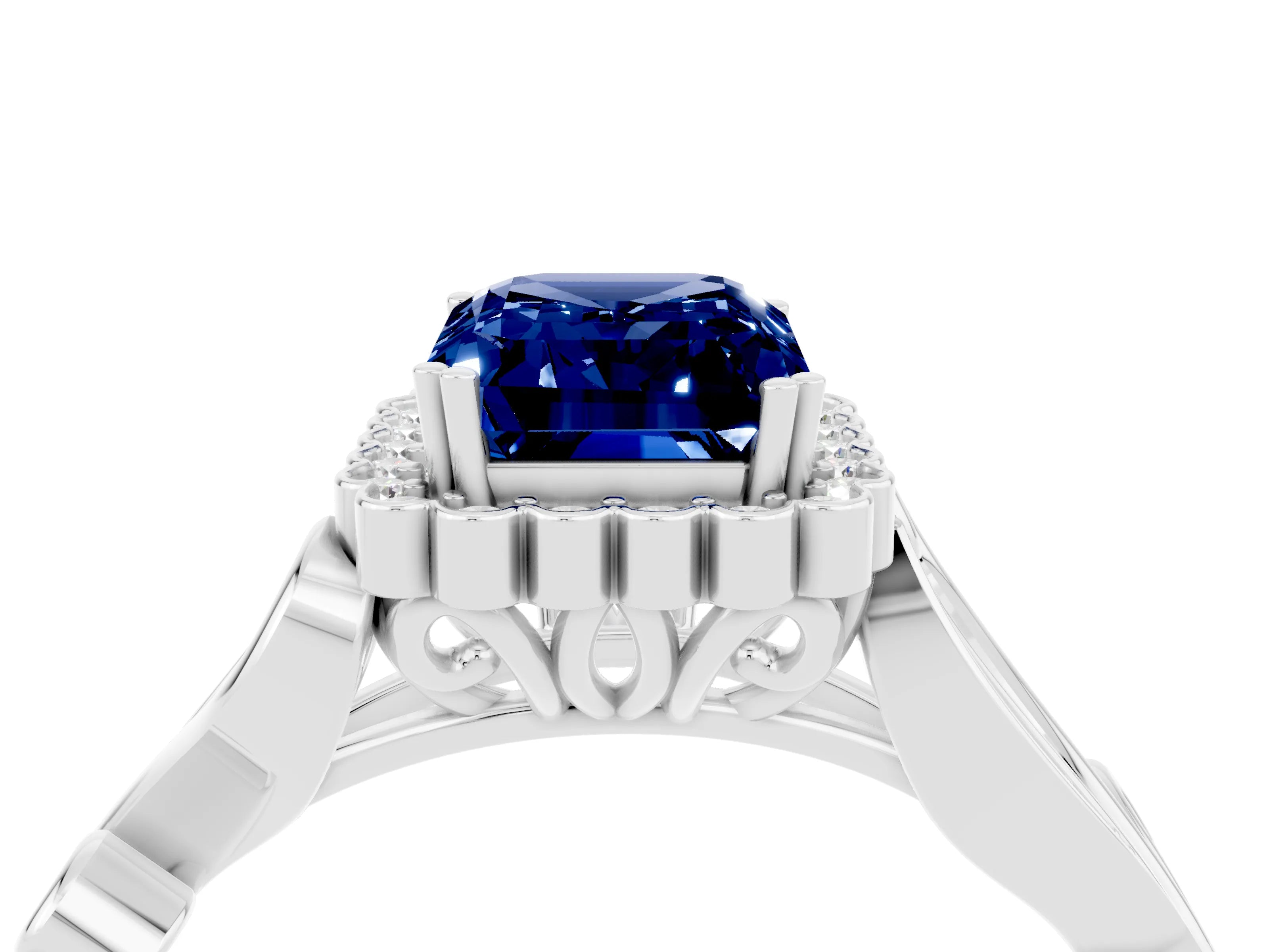 White gold Emerald Cut Blue Sapphire Halo Ring with Vintage Split Shank and Four-Prong Setting_28