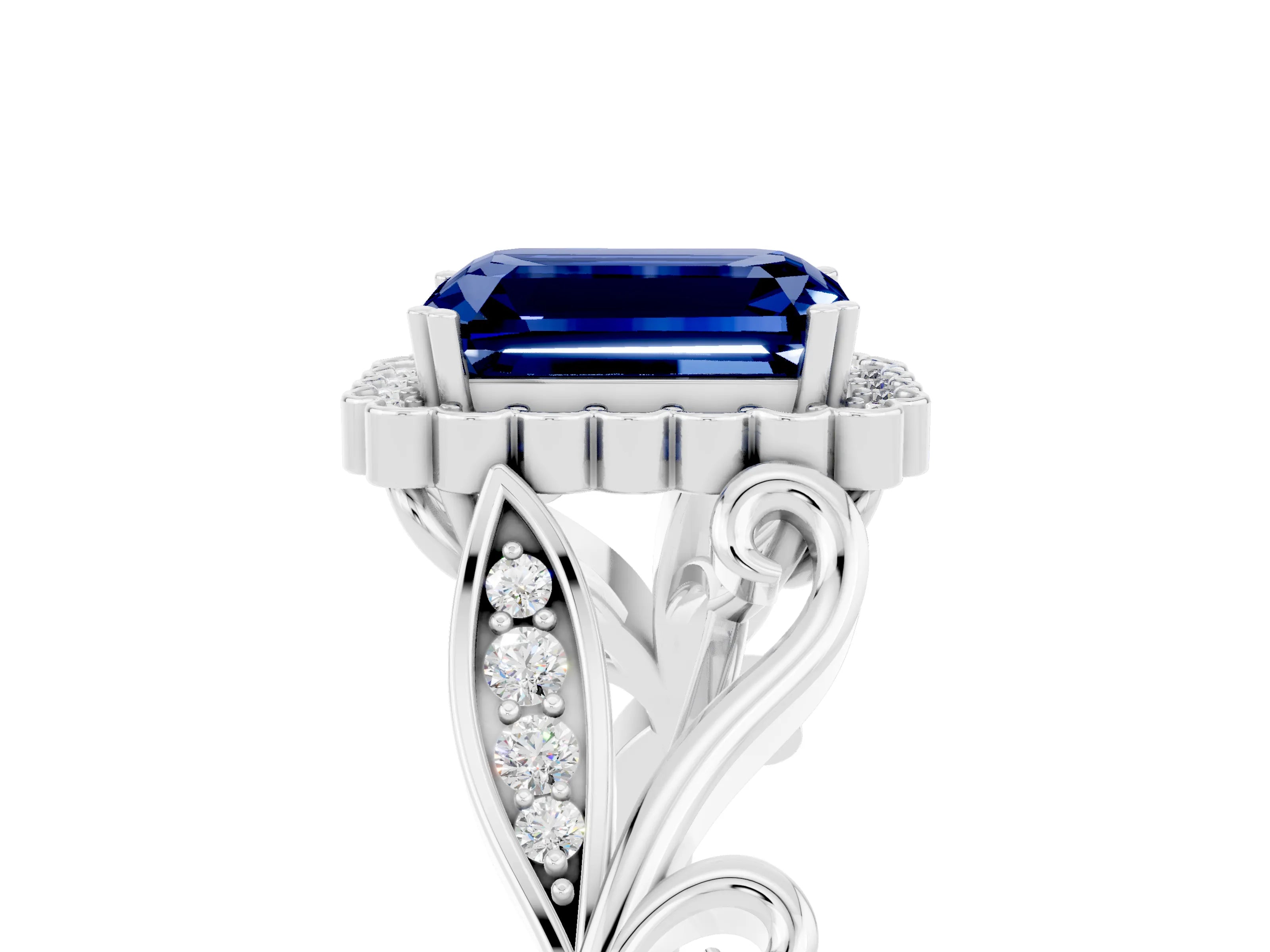 White gold Emerald Cut Blue Sapphire Halo Ring with Vintage Split Shank and Four-Prong Setting_29