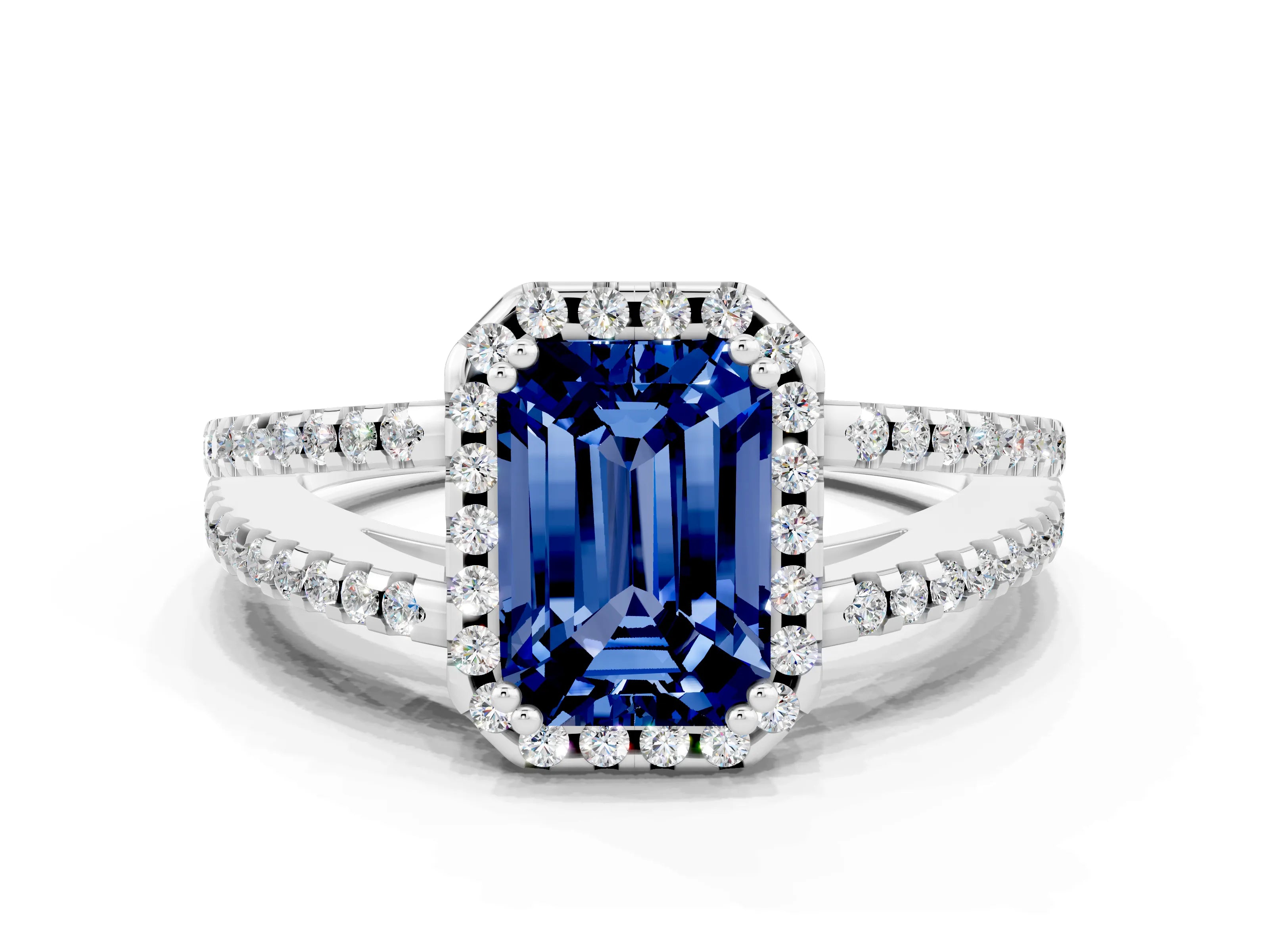 White gold Emerald Cut Blue Sapphire Halo Split Shank Engagement Ring_12