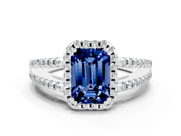 Silver Emerald Cut Blue Sapphire Halo Split Shank Engagement Ring