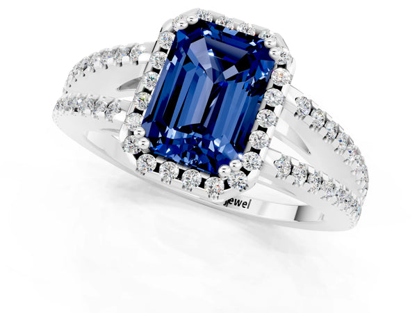 White gold Emerald Cut Blue Sapphire Halo Split Shank Engagement Ring