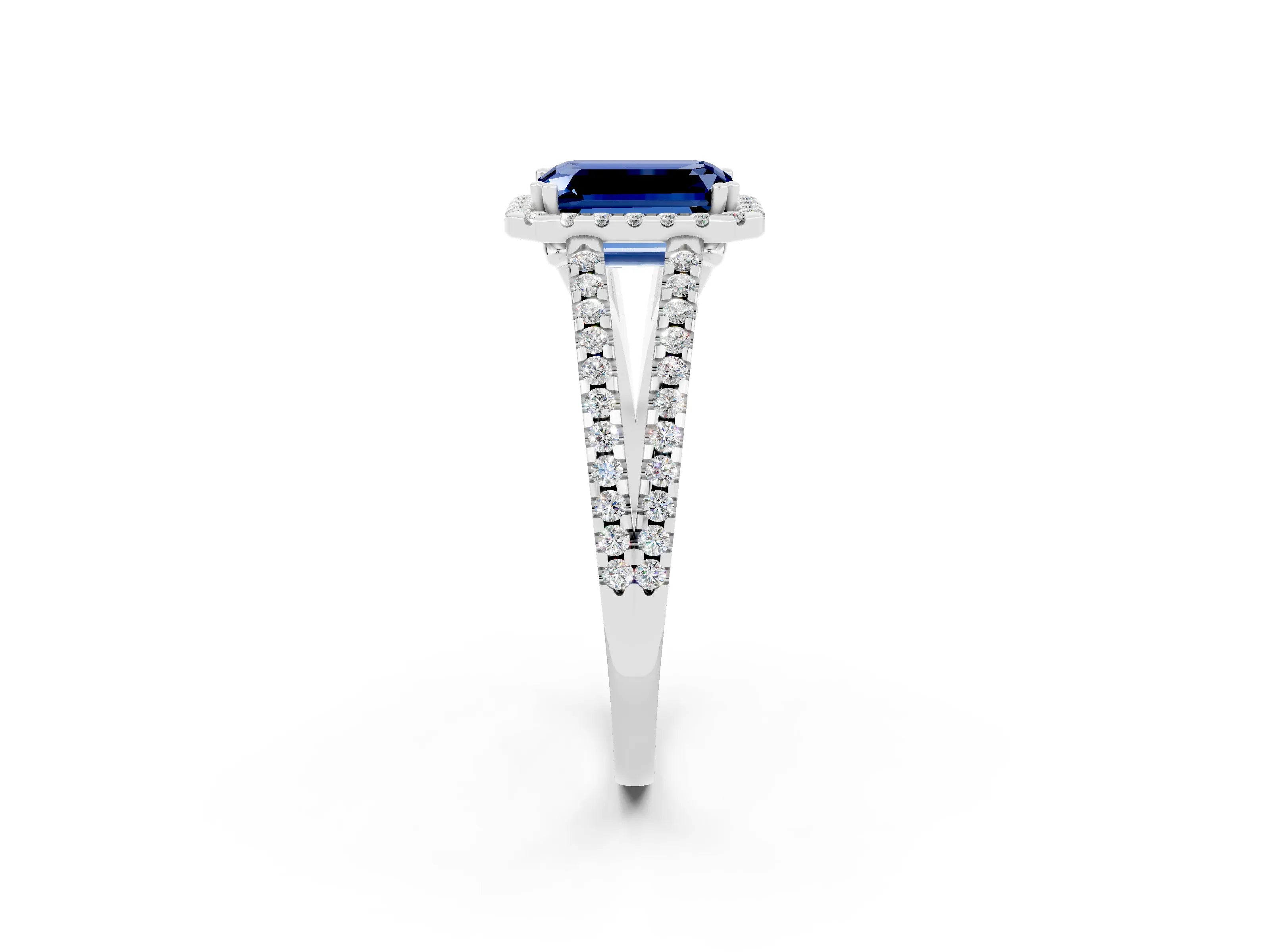 White gold Emerald Cut Blue Sapphire Halo Split Shank Engagement Ring_14