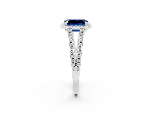 Silver Emerald Cut Blue Sapphire Halo Split Shank Engagement Ring