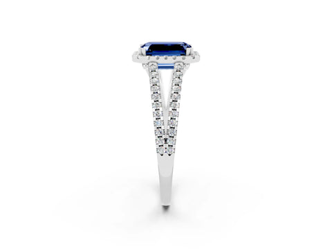 White gold Emerald Cut Blue Sapphire Halo Split Shank Engagement Ring_14