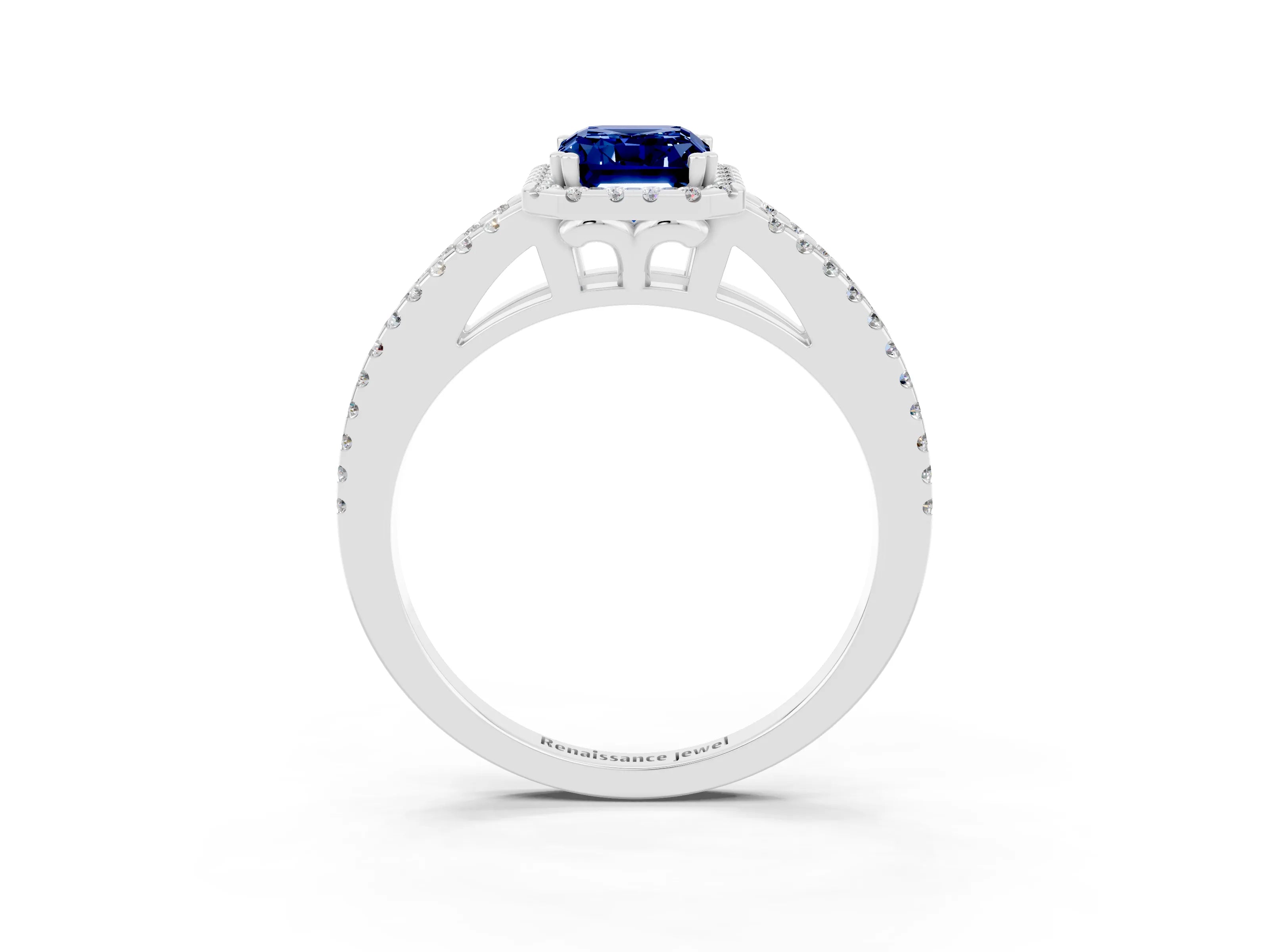 White gold Emerald Cut Blue Sapphire Halo Split Shank Engagement Ring_15