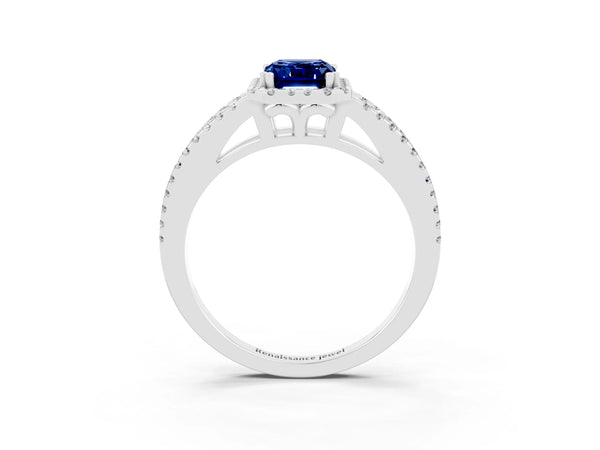 White gold Emerald Cut Blue Sapphire Halo Split Shank Engagement Ring
