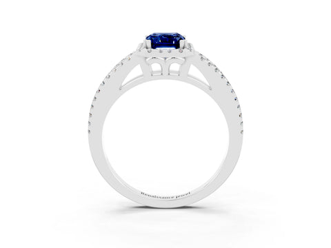 White gold Emerald Cut Blue Sapphire Halo Split Shank Engagement Ring_15