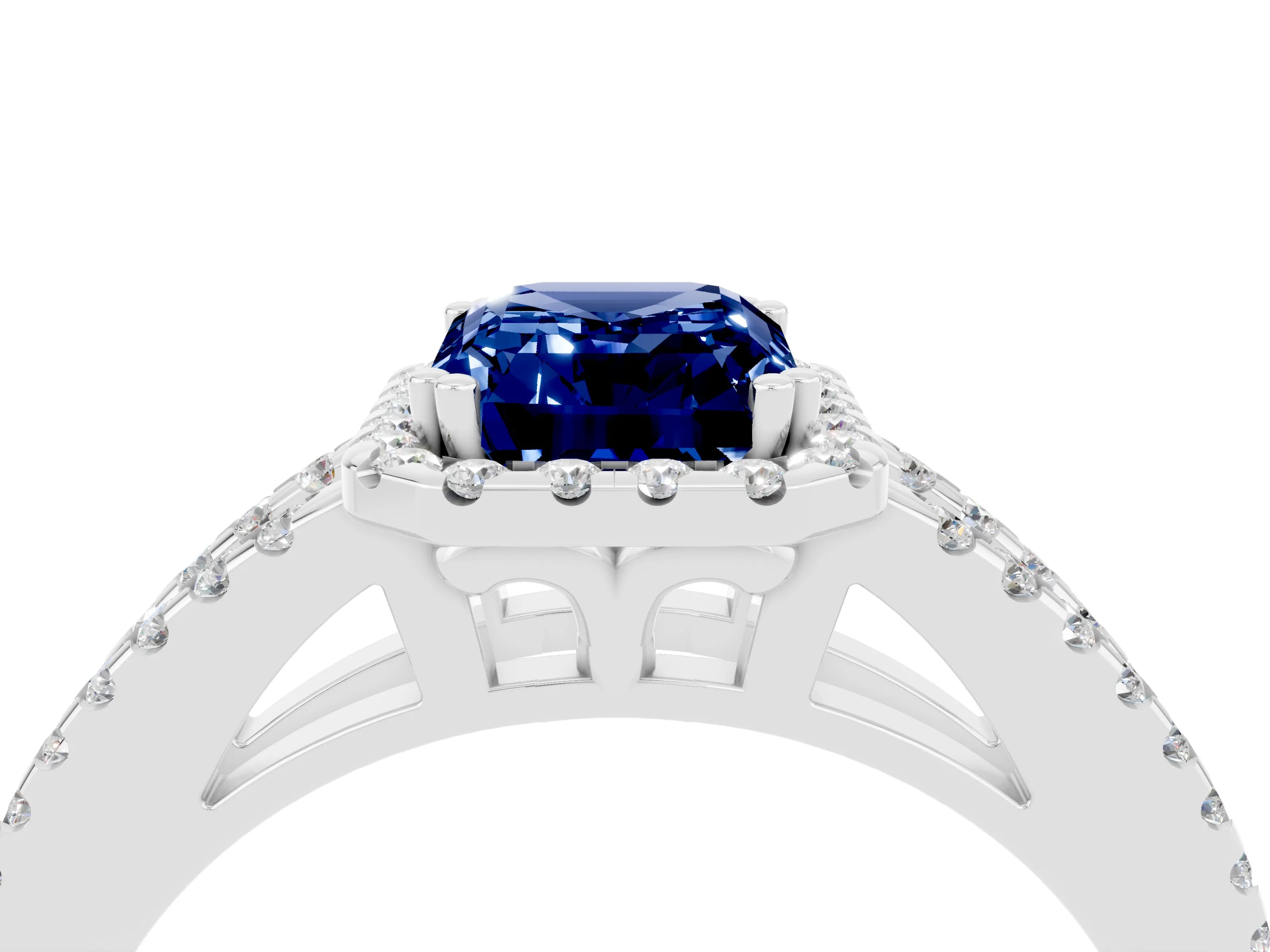 White gold Emerald Cut Blue Sapphire Halo Split Shank Engagement Ring_16