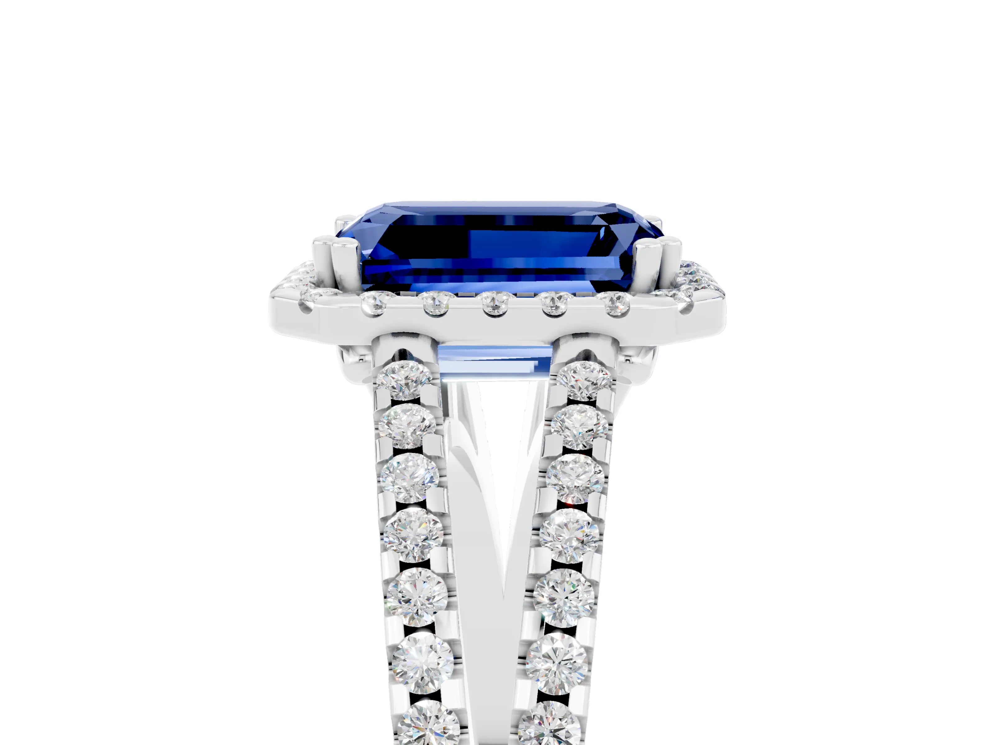 White gold Emerald Cut Blue Sapphire Halo Split Shank Engagement Ring_17