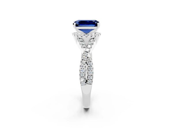 Platinum Emerald Cut Blue Sapphire  Halo Twist Band Solitaire Prong Setting Ring